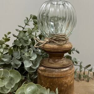 Fall Pumpkun Decor, Wooden Base, Glass Pumpkin Top